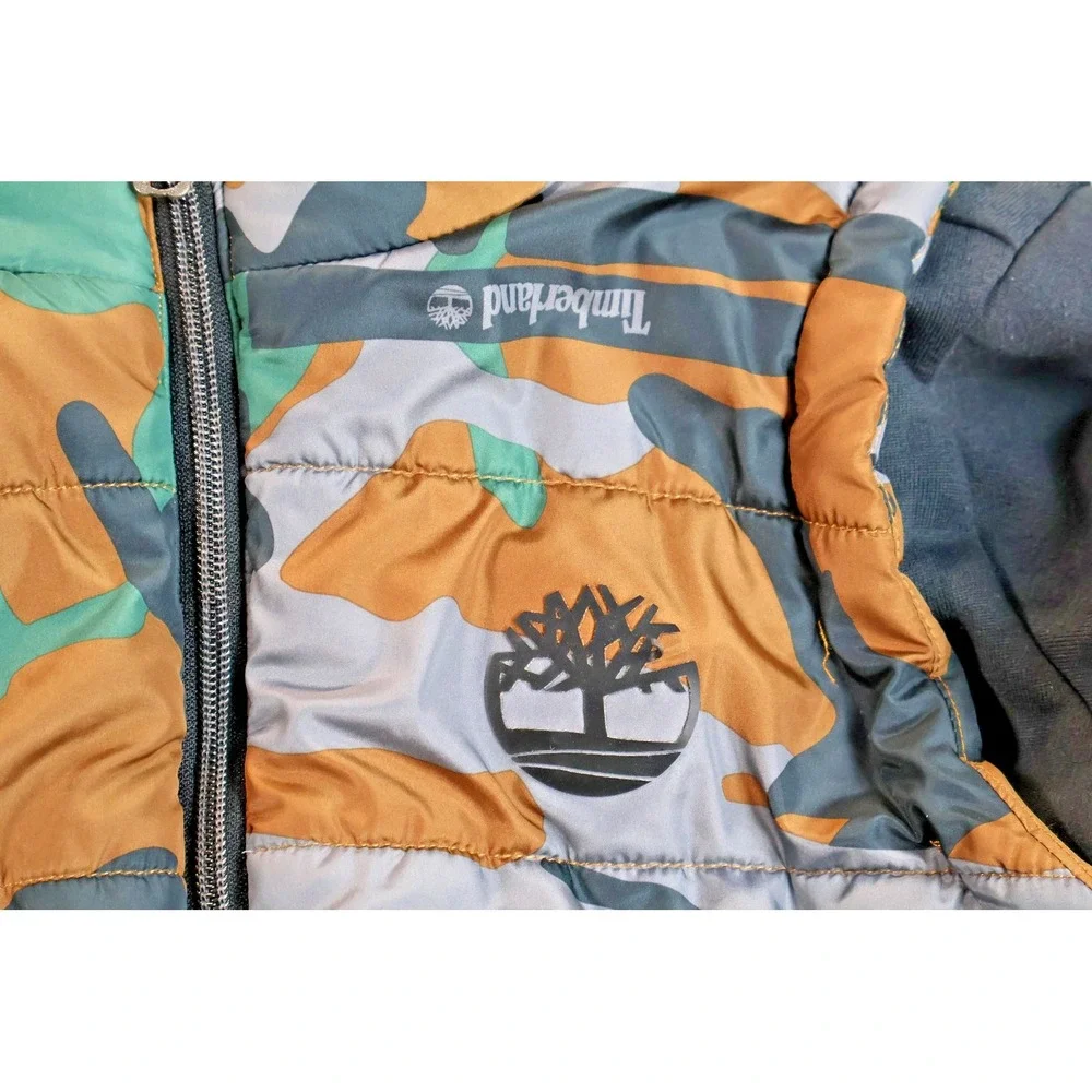 Timberland Jacket Boys Large 14/16‎ Camo Hooded Puffer Full Zip Gray Sleeves